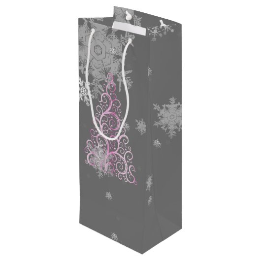 Rosa Weihnachtsbaum und Schneeflocken Weinbeutel Geschenktüte Für Weinflaschen (Rückseite Schrägansicht)