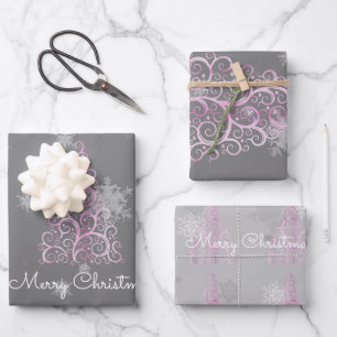 Rosa Weihnachtsbaum und Schneeflocken Wrapping Pap Geschenkpapier Set