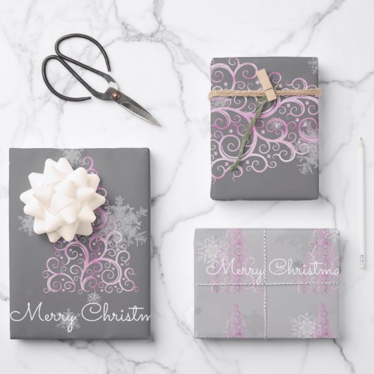 Rosa Weihnachtsbaum und Schneeflocken Wrapping Pap Geschenkpapier Set (Vorderseite)