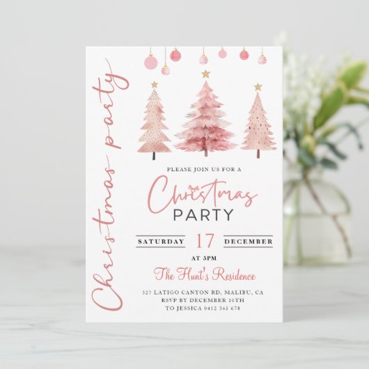 Rosa Weihnachtsbaum Weihnachtsfest Party Einladung (Stehend Vorderseite)