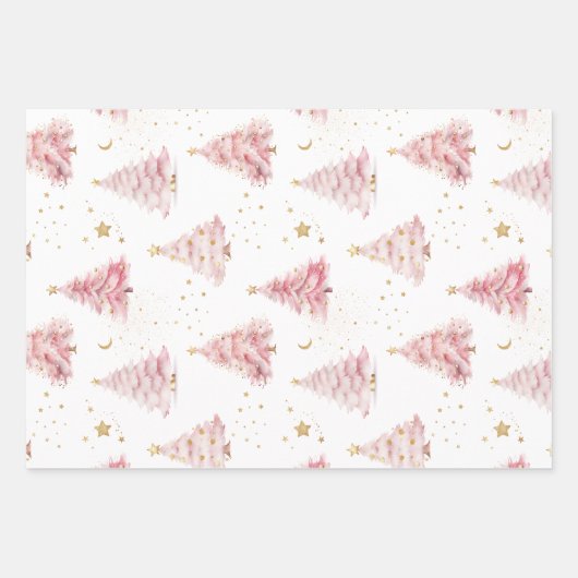 Rosa Weihnachtsbäume Geschenkpapier Set (Vorderseite)