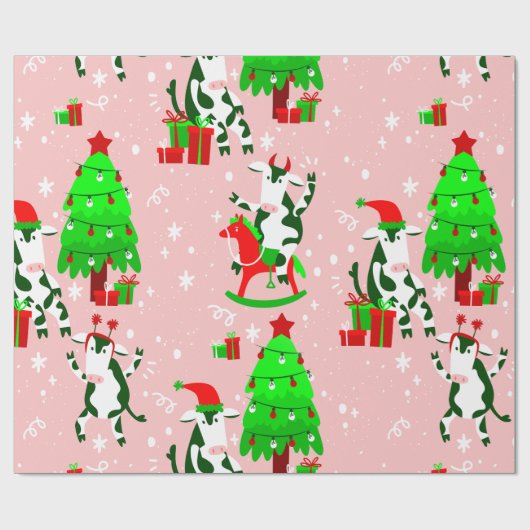 Rosa Weihnachtsbaumkuh Geschenkpapier (Flach)