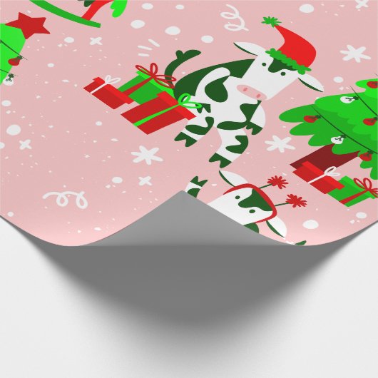Rosa Weihnachtsbaumkuh Geschenkpapier (Ecke)