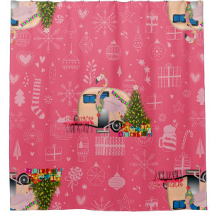 Rosa Weihnachtscamper flamingo santa Duschvorhang