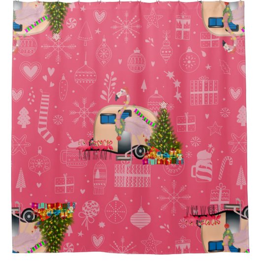Rosa Weihnachtscamper flamingo santa Duschvorhang (Vorderseite)
