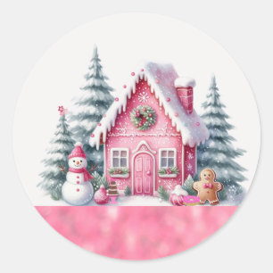 Rosa Weihnachtsdorf-Gebäckhaus  Runder Aufkleber