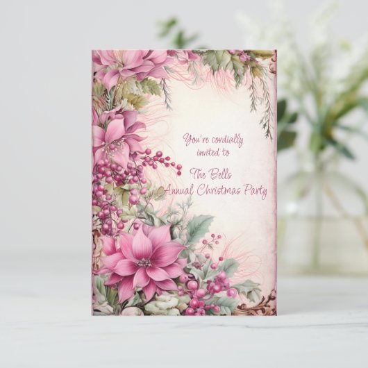 Rosa Weihnachtsfeiertage Jährliches Party Einladung (Stehend Vorderseite)