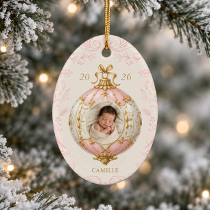 Rosa Weihnachtsfoto-Ornament für Baby-Mädchen zum Keramik Ornament