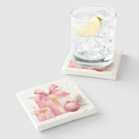 Rosa Weihnachtsgeschenke Stone Untersetzer (Seitenansicht)