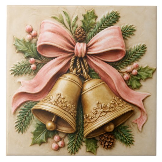 Rosa Weihnachtsglocken mit kokettem Bogen Fliese (Vorderseite)