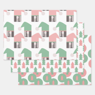 Rosa Weihnachtsgnome Bäume und Ornamente Geschenkpapier Set