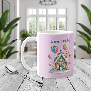 Rosa Weihnachtshaus-Kindertasse mit Namen Kaffeetasse