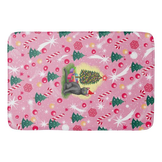 Rosa Weihnachtskatze Badematte (Vorderseite)