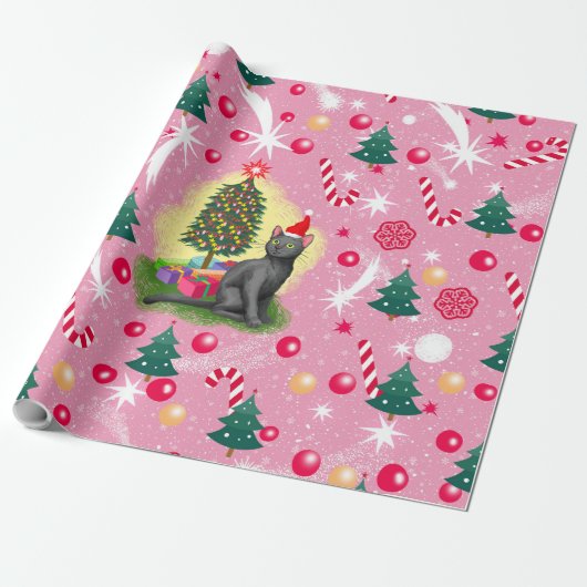 Rosa Weihnachtskatze Geschenkpapier (Ungerollt)