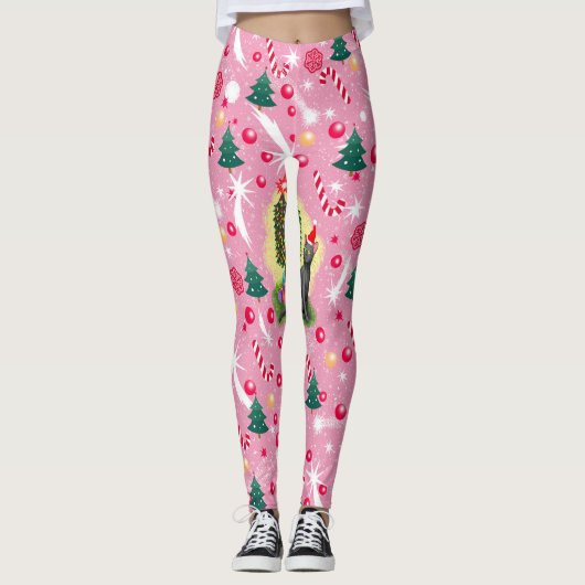 Rosa Weihnachtskatze Leggings (Vorderseite)