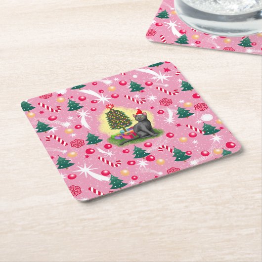 Rosa Weihnachtskatze Rechteckiger Pappuntersetzer (angewinkelt)