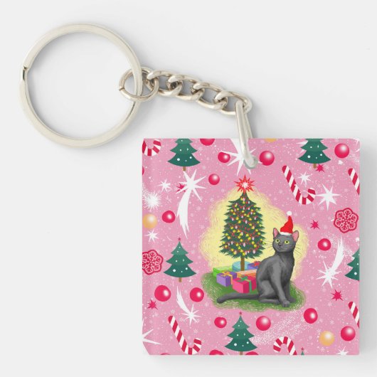 Rosa Weihnachtskatze Schlüsselanhänger (Vorderseite)