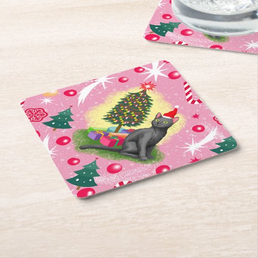 Rosa Weihnachtskatze Untersetzer (angewinkelt)