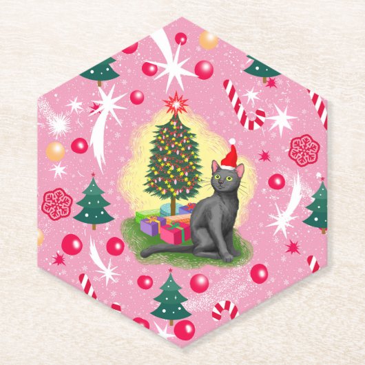 Rosa Weihnachtskatze Untersetzer (Vorderseite)