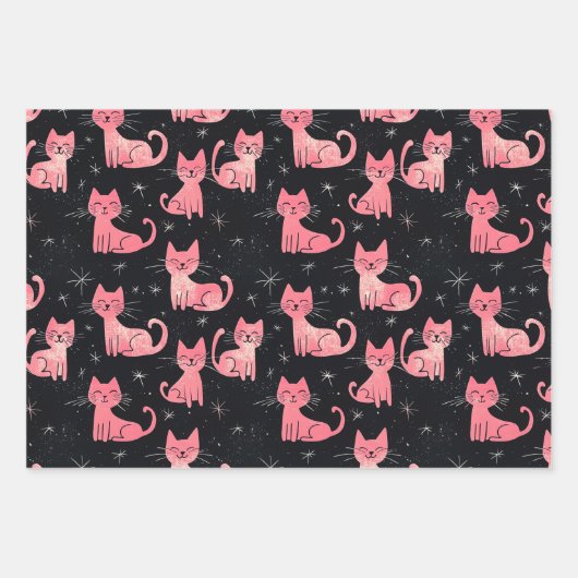 Rosa Weihnachtskatzen auf schwarz Geschenkpapier Set (Vorderseite 3)