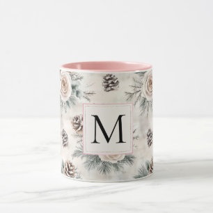 Rosa Weihnachtskiefernzapfen Florales Monogramm Tasse