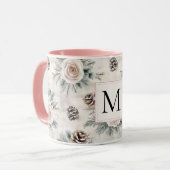 Rosa Weihnachtskiefernzapfen Florales Monogramm Tasse (Vorderseite Links)