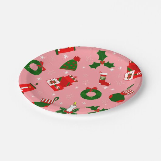 Rosa Weihnachtskranz Pappteller (Schrägansicht)