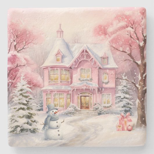 Rosa Weihnachtslandschaft Hütte Stone Untersetzer (Vorderseite)