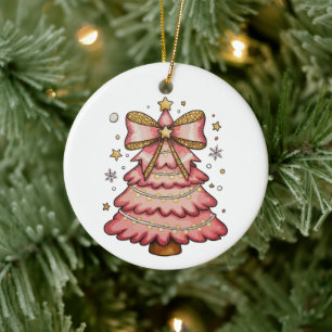 Rosa Weihnachtslichter Baum Coquette Bogen Wasserf Keramik Ornament