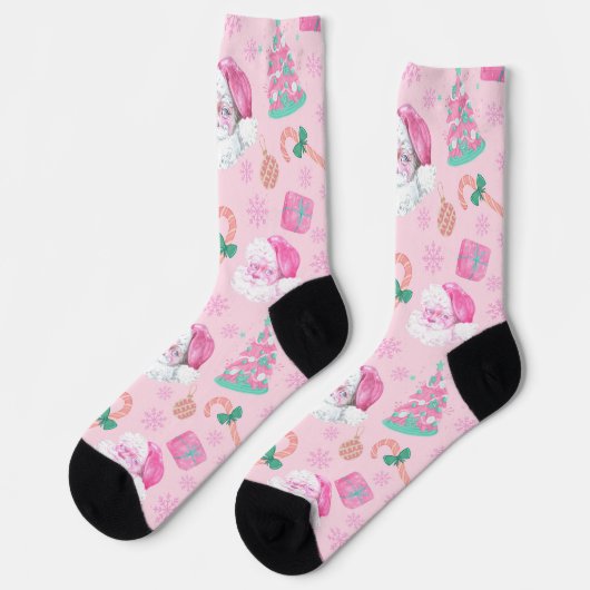Rosa Weihnachtsmann-Claus-&-Baum-nahtloses Muster Socken (Linkes Detail)