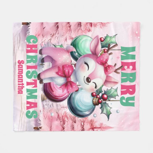 Rosa Weihnachtsmann Personalisierte Kinder Name Fleecedecke (Vorderseite (Horizontal))