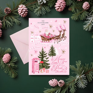 Rosa Weihnachtsmann-Rentier-North-Pole-Dorf Feiertagskarte