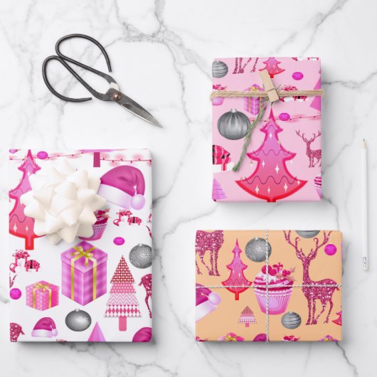 Rosa Weihnachtsmuster Geschenkpapier Set (Vorderseite)