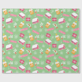 Rosa Weihnachtsmuster mit grünem Hintergrund Geschenkpapier (Flach)