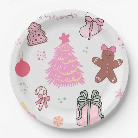 Rosa Weihnachtsmuster Pappteller (Vorderseite)