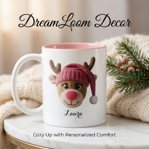 Rosa Weihnachtsrentier mit individuellem Namen Zweifarbige Tasse