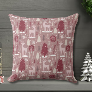 Rosa Weihnachtsrentier- und Baumwald Kissen