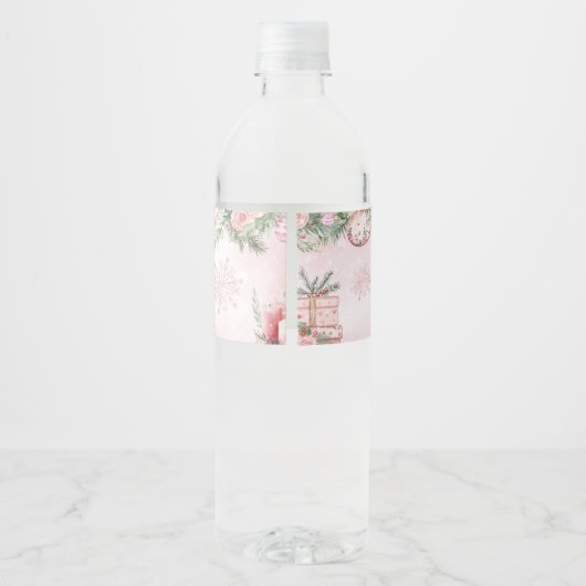 Rosa Weihnachtsschmuck Winter Baby Dusche Wasserflaschenetikett (Rückseite)