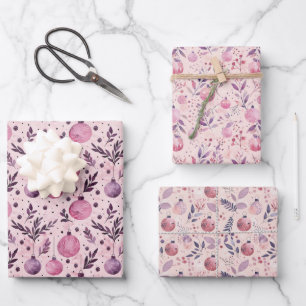 Rosa Weihnachtsschmuckmuster mit Winter Foliag Geschenkpapier Set