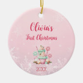 Rosa Weihnachtsschneeflocke Cupcake Erste Weihnach Keramik Ornament (Vorne)