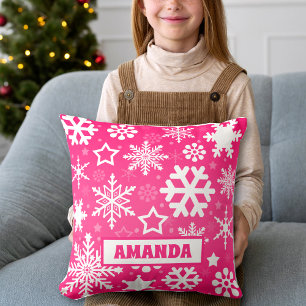 Rosa Weihnachtsschneeflocken Muster Kinder Name Kissen