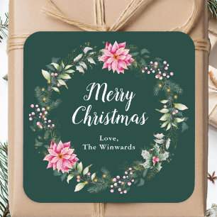 Rosa Weihnachtsstern-Kranz Frohe Weihnachten Quadratischer Aufkleber