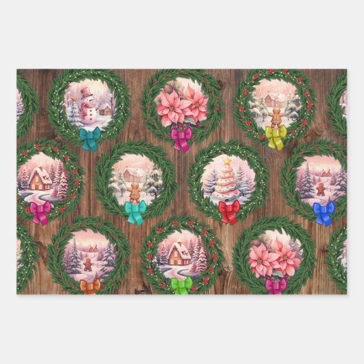 Rosa Weihnachtsszenen Geschenkpapier Set (Vorderseite)