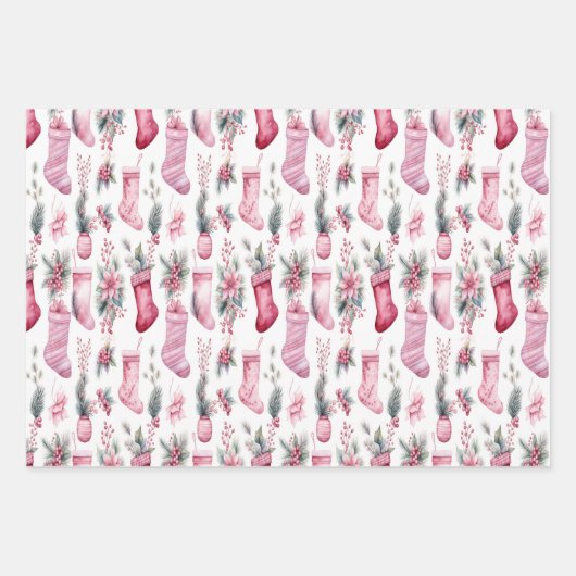 Rosa Weihnachtsverpackung mit Strümpfen Kiefernzwe Geschenkpapier Set (Vorderseite 3)