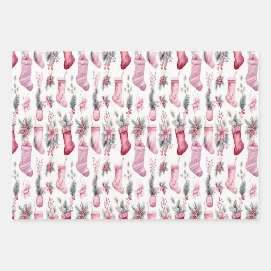 Rosa Weihnachtsverpackung mit Strümpfen Kiefernzwe Geschenkpapier Set (Vorderseite)