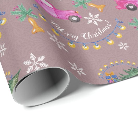 Rosa Weihnachtswagen mit Baum und Wünschen Geschenkpapier (Rolleneckpunkt)