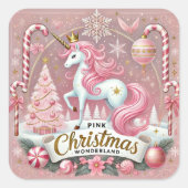 Rosa Weihnachtswonderland Einhorn Quadratischer Aufkleber (Vorderseite)