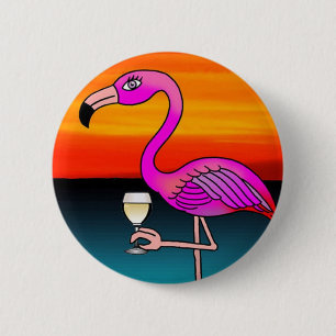 Rosa Wein trinkender Flamingo Button