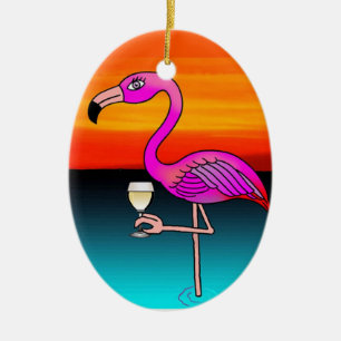 Rosa Wein trinkender Flamingo personalisiert Keramikornament