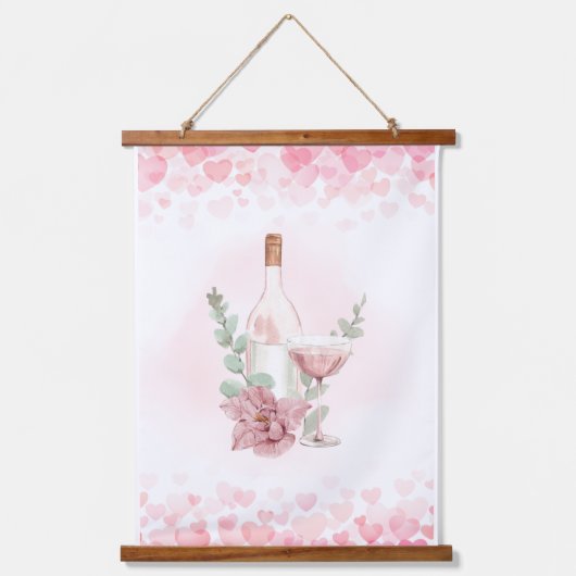 Rosa Weinflasche mit Weinglas Wandteppich Mit Holzrahmen (Vorderseite)